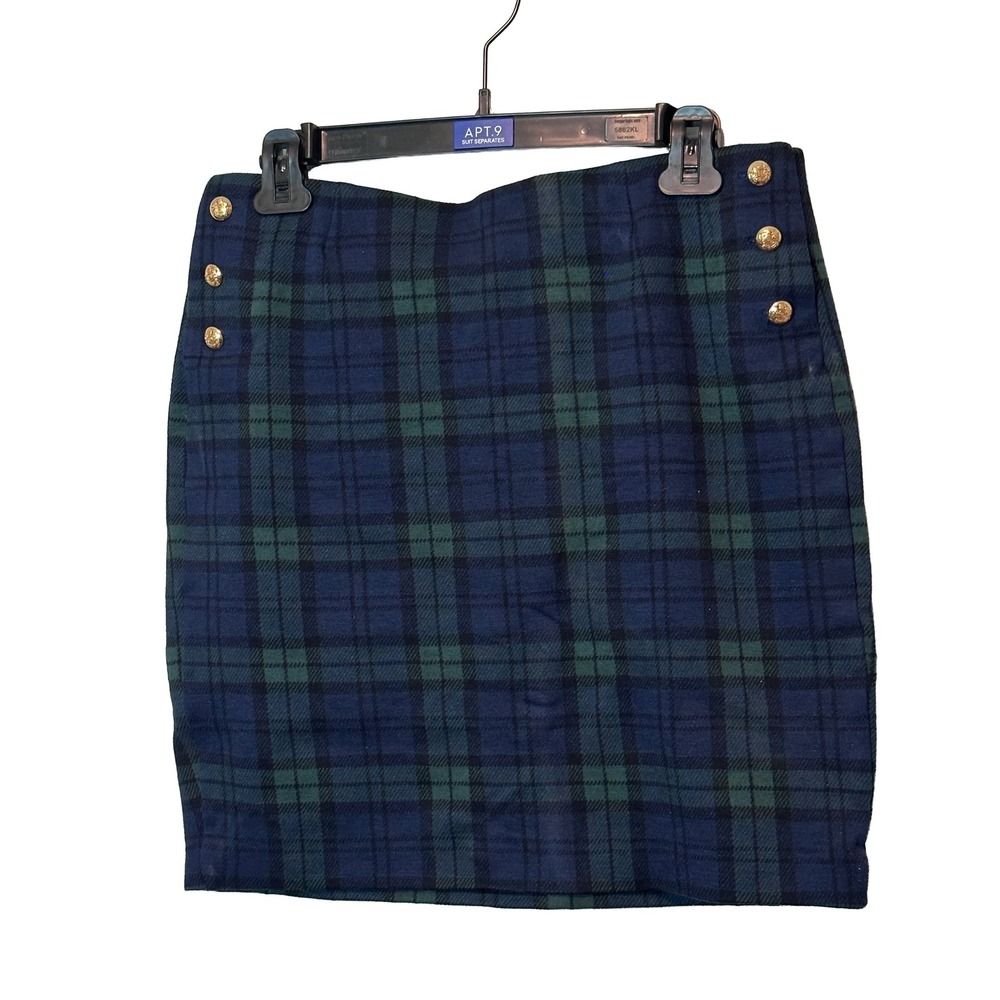 Lauren Ralph Lauren Plaid Pencil Skirt Navy Green Gold Button Medium Preppy
